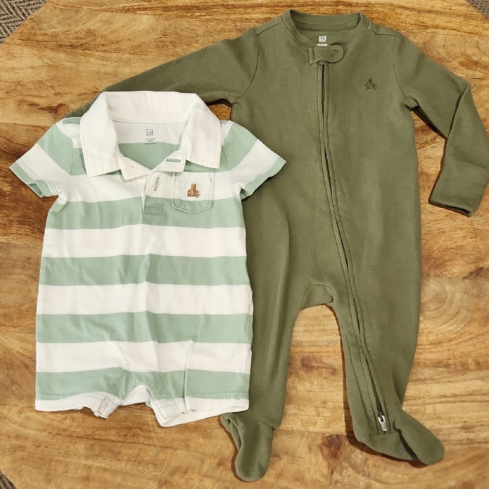 Baby Gap Mint Green Stripe Polo Romper & Olive Green Footed One-Piece